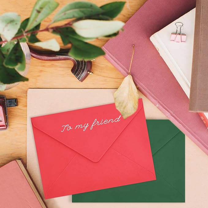 100 Pack Christmas A7 Envelopes, Red and Dark Green Greeting Card Envelopes Self Seal, 5.24 x 7.24 in Envelopes for Birthday Graduation Wedding Xmas Holiday