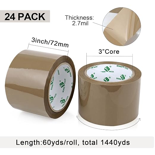 BOMEI PACK Brown Packing Tape 3 inch Wide, 2.7 Mil x 60 Yards, 24 Refills Rolls Bulk Heavy Duty Wide Packing Tape 3inch for Moving, Shipping and Storage