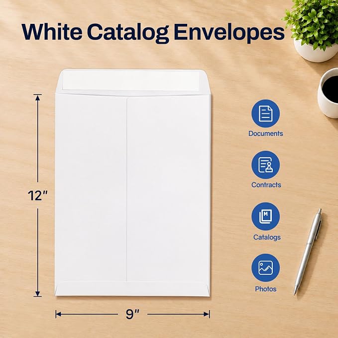 SUNEE 9 x 12 Catalog Envelopes Self Seal, Security Mailing Envelopes, 28lb White Paper, Ultra Strong Quick-Seal for Documents, Office & Business Use, 250 Pack