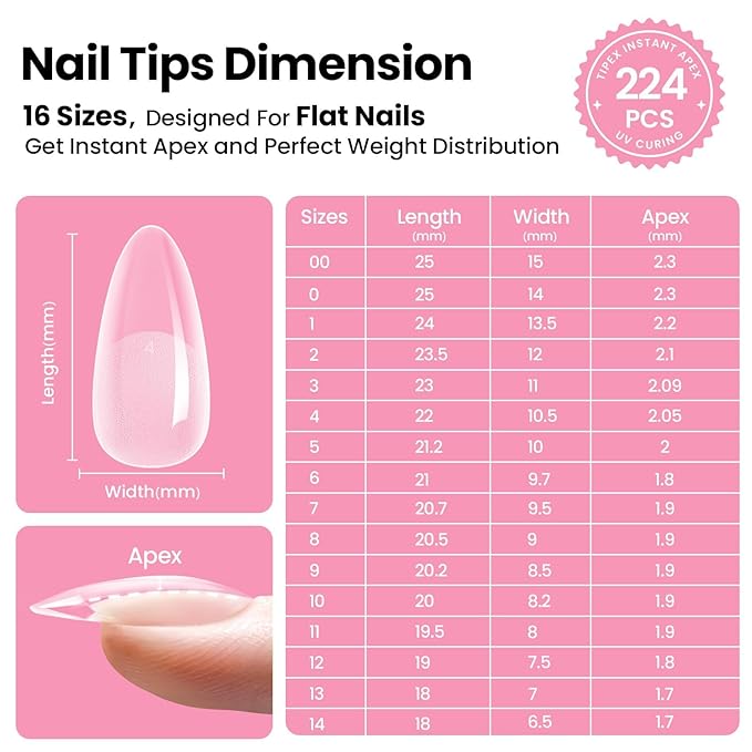 Beetles Tipex Instant Apex Nail Tips Kit with Dehydrator & Primer, Medium Almond, 224PCS 16 Sizes, Reinforced Apex for Strong Long-Lasting Wear, 20g Solid Nail Glue, Mini UV Lamp, Base & Top Coat