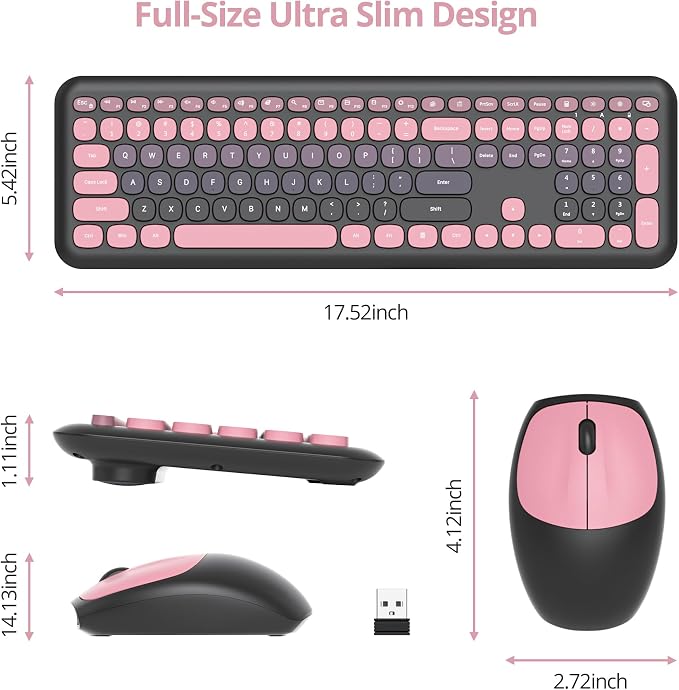 Surmen Black Pink Keyboard and Mouse Wireless Quiet, Full-Size Girly Slient Keyboard Retro Typewriter Low-Noise 2.4GHz for Computer, Desktop, Laptop (110-Heimei Pink)