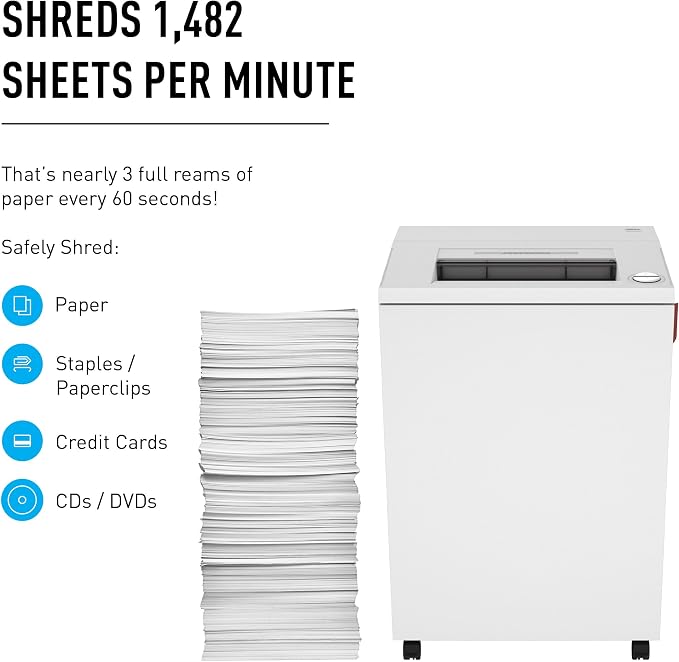 Ideal 4003 Strip Cut Centralized Office Paper Shredder Heavy Duty, Continuous Operation, Shreds 43-45 Sheet Capacity, P-2 Security | P2 strip cut shredder for 18 to 20 users with 43 to 45 sheet capacity 44 gallon bin and 16 inch feed opening