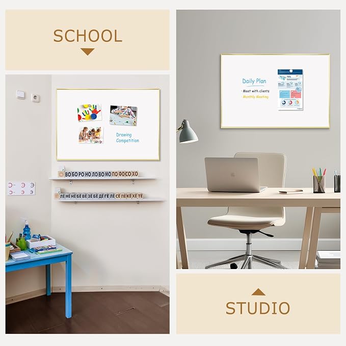 Large Magnetic Whiteboard, 36" x 24" Dry Erase White Board for Wall | Gold Aluminum Frame, Easy to Write and Erase, Wall Mounted, Presentation Board, for Home, Office, School, Kitchen