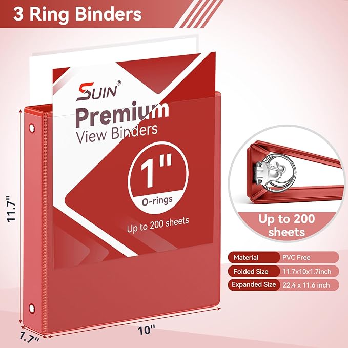 SUIN 1 Inch 3 Ring Binder, Clear 1'' View Presentation Binders with 2 Pockets, Fits 8.5 x 11 Letter Size, Durable Polypropylene, Non-Stick & PVC-Free for School, Office & Home (Red)