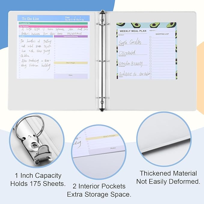 3 Ring Binder, 6 Pack 1 Inch Binder with 2 Interior Pockets & Clear View Overlay, Large Capacity, 1 Inch Binders 3 Ring, Round Ring Binders for Office, School, Home (White)