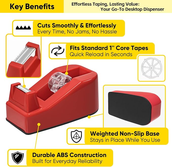 2-Pack Compact Office Tape Dispenser w/ 5 Rolls of 1" Tape, Red | Standard 1-Inch Core Clear Tape Roll Holder, Small & Lightweight, Smooth Cut Blade, Rubber Base, Aesthetic Desktop Supplies