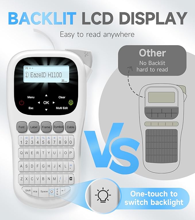 Label Maker Waterproof-Labels, Handheld Label Maker Machine with-Tape 12mm 0.47 Laminated White, Backlit Screen Multiple Fonts & Symbols, Portable Keyboard Labeler for Home Office School Use, H1100