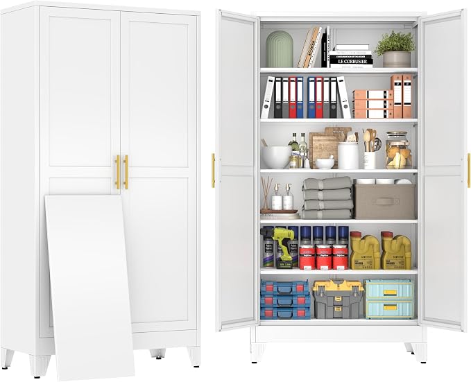79" White Metal Storage Cabinet with 2 Doors and 5 Adjustable Shelves,Steel Garage Tool Cabinet, File Cabinet,Kitchen Pantry Cabinet for Home,Office,Garage,School,Warehouse