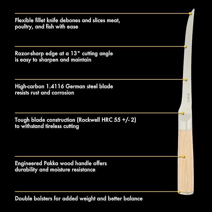 Babish 1.4116 German Stainless Steel Boning & Fillet Knife with Light Pakka Wood Handle – 6-Inch Full-Tang Flexible Kitchen Knife for Meat, Poultry, Fish & Precision Butchering