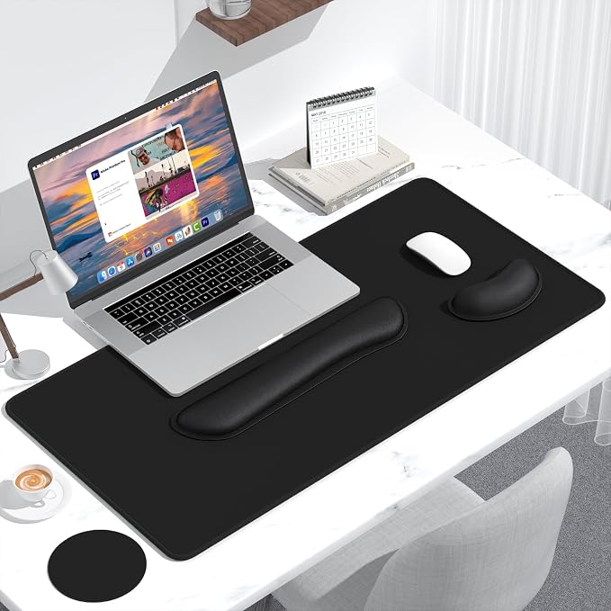 Dapesuom Keyboard Wrist Rest Mouse Pad Set, 4Pcs Extended Large XXL Gaming Mousepad + Mouse Wrist Cushion + Memory Foam Keyboard Wrist Support + Cup Coaster, Black 31.5x15.7in Desk Pad for Home Office