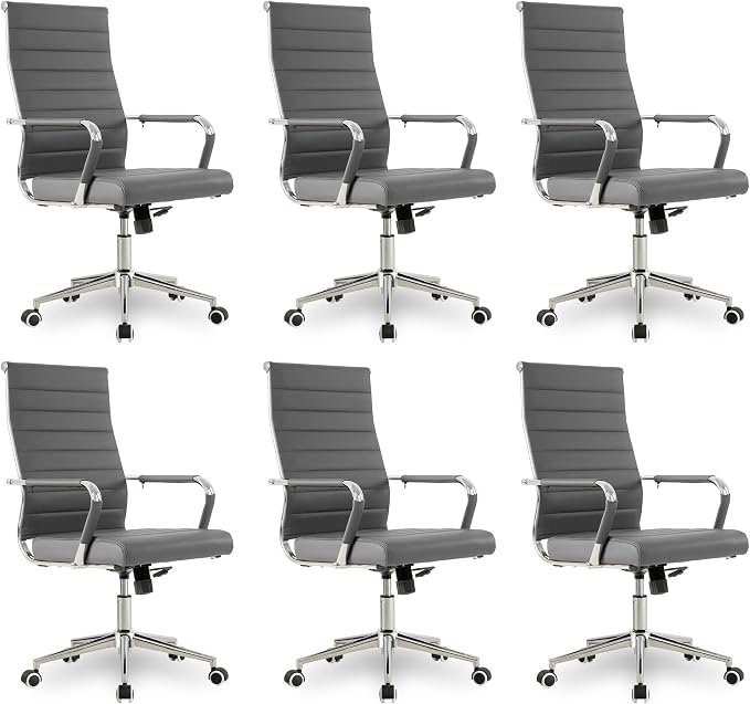 Okeysen Office Desk Chair, Ergonomic Leather Modern Conference Room Chairs, Executive Ribbed Height Adjustable Swivel Rolling Chair for Home Office Set of 6. (Grey)