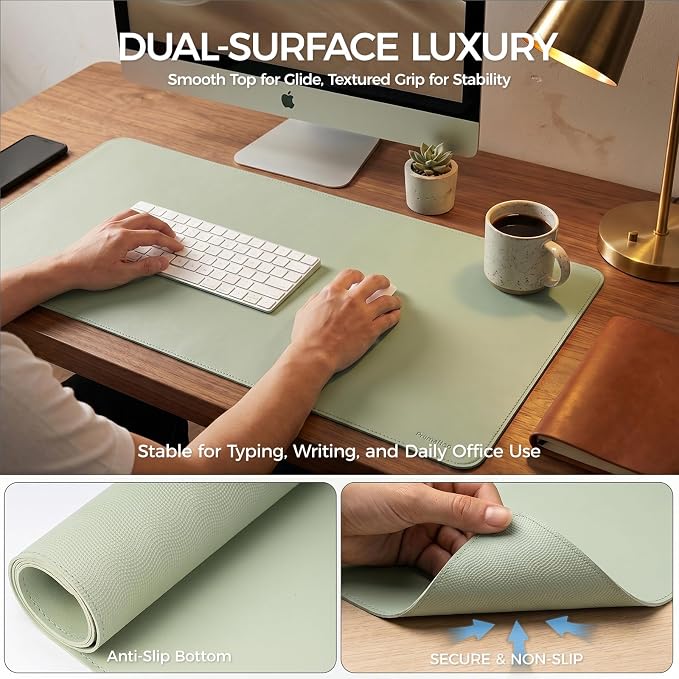 Large Desk Pad Non-Slip Desk Mat Protector for Keyboard Mouse Waterproof Vegan Leather Surface Faux Leather Laptop Mat Smooth Mouse Pad Premium Gift Tube Matcha Green 35" x 17"