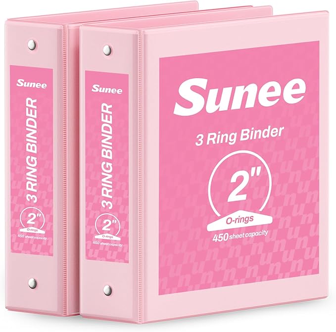 SUNEE 3 Ring Binder 2 Inch 2 Pack, Clear View Binder Three Ring PVC-Free (Fit 8.5x11 Inches) for School or Office Supplies, Pink