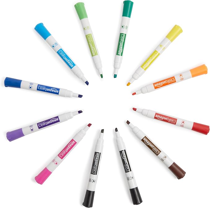 Amazon Basics Dry Erase Whiteboard Markers, Chisel Tip, Low-Odor, Assorted Colors, 12-Pack, Erase Easily
