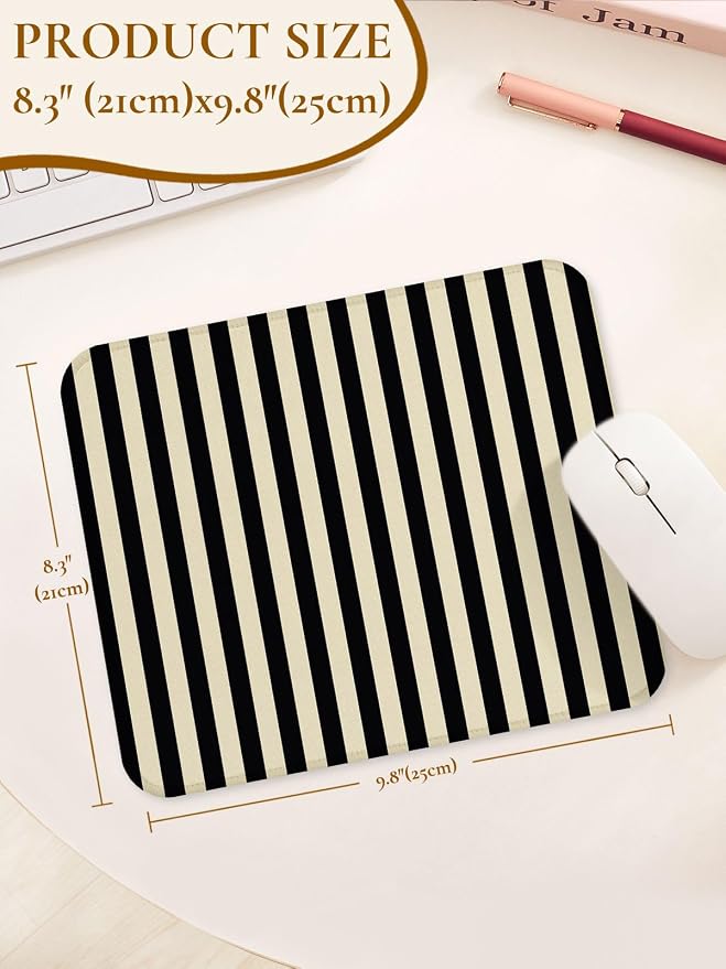 Square Cute Striped Mouse Pad with Stitched Edge, Premium Waterproof Cloth Aesthetic Small Stripe Mouse Mat, Non-Slip Rubber Base Funny Mousepad Desk Accessories,Striped Black Grey