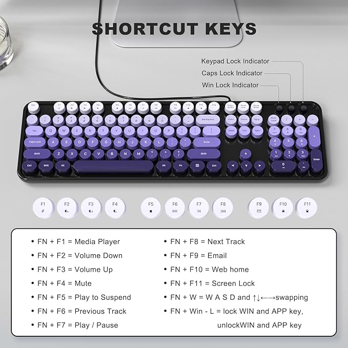 Computer Keyboard Wired, Plug and Play USB Retro Round Typewriter Keyboard, Full Size Wired Keyboard with Foldable Stands for Laptop and Office PC