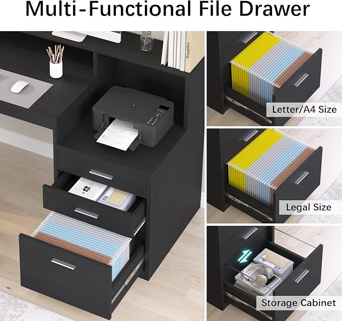 65" Black Computer Desk with 3 Drawers & Printer Shelf for Home Office | Computer Desk with Printer Shelf & File Drawer, Executive Desk Writing Study Table with Monitor Stand, Black
