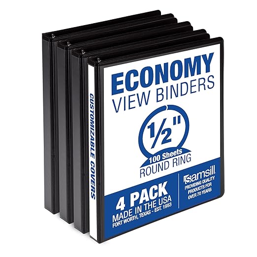 Samsill 0.5 Inch 3 Ring Binders, Economy Round Ring, Clear View Cover, 100 Sheet Capacity - for School, Home, Office - Black, 4 Pack
