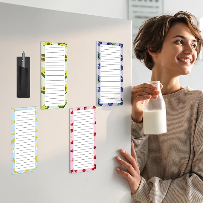 4 Pack Magnetic Note Pad for Fridge, Totally 200 Sheets Grocery List Magnet Pad for Refrigerator Magnetic Shopping List Pad with Pen Holder（Fruit Design）