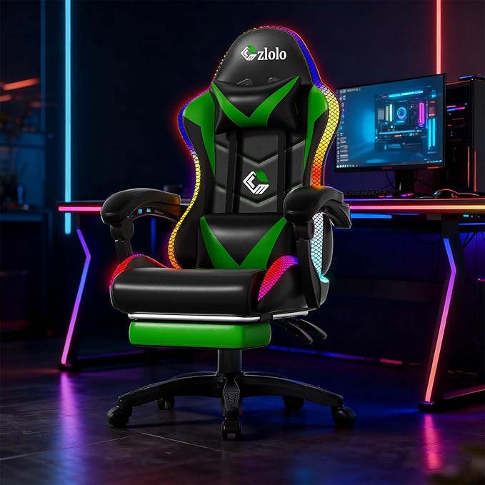 Gaming Chair, RGB LED Lights Computer Chair with Footrest, Lumbar Support Massager Gamer Chair, High Back, 90-135° Reclining, Linkage Armrests, Green