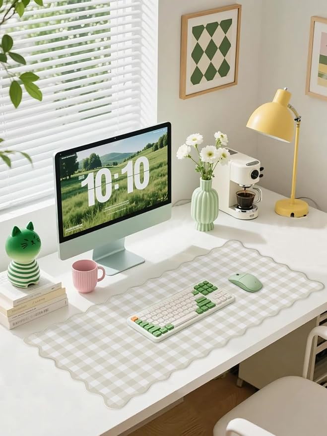 Scalloped‌ Beige Checkered Gingham Desk Mat Cute Pastel Large Mouse Pad Kawaii Cottagecore ‌Vintage‌ Rustic Keyboard Pad Computer Mat for Desktop Aesthetic Cozy Office Desk Decor