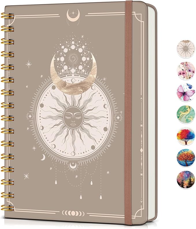 Lined Spiral Journal Notebook for Women, A5 Cute Hardcover Spiral Journals for Writing, 150 Pages Pretty College Ruled Notebooks for Work & Note Taking, 5.75" x 8.38", Boho Sun & Moon