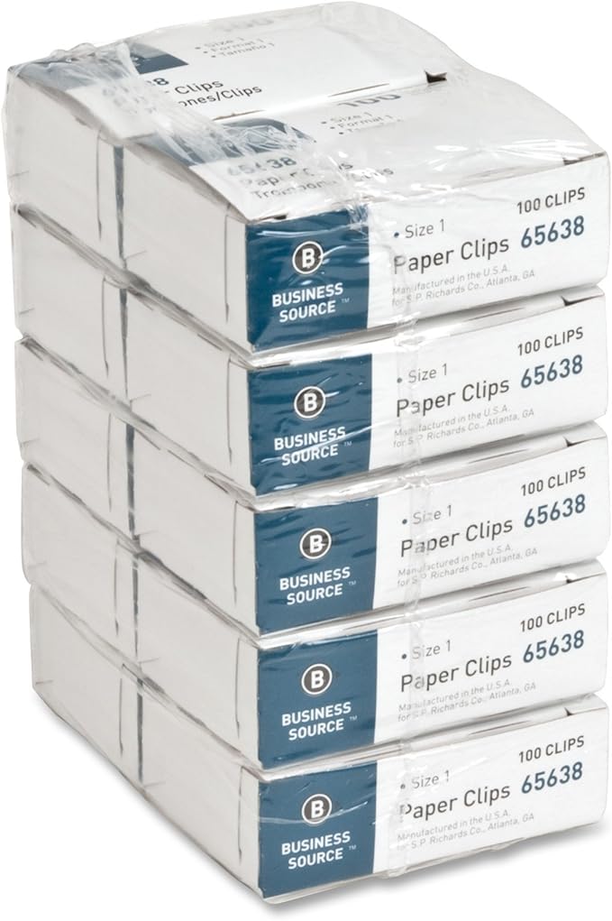 Business Source Paper Clips, Size 1, Regular, .033 Wire Gauge, 100/Box, 10 Boxes Total