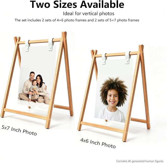 Natural Wood A-Frame Photo Frame set, Freestanding Stand for 4x6 5x7 Photos | Creative Minimalist Wooden Tabletop Photo Holder Set, Picture Stand for Family Photos, Desk, Office, Home & Bedroom Decor