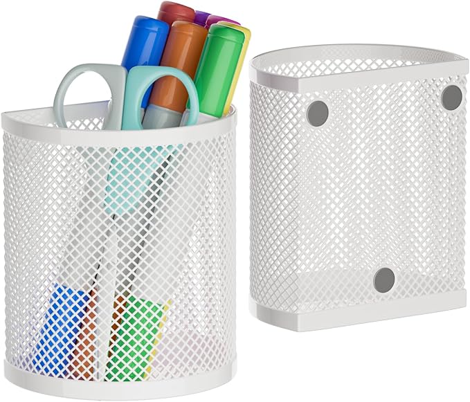 LUCYCAZ Magnetic Pencil Holder, 2 Pack Metal School Locker Organizer | Locker Organizer Accessories, Powerful Magnet Pen Holder for Whiteboard,Refrigerator,Locker,Kitchen,Home,and Office White