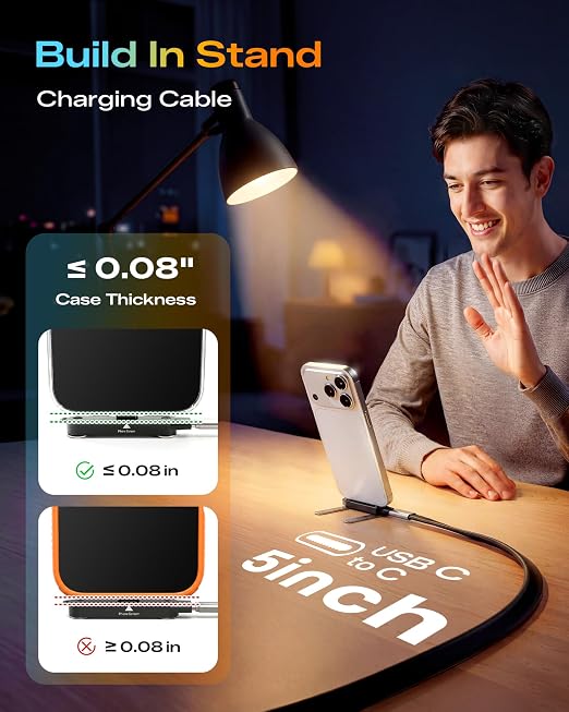 LOOHOI 240W Fast Charging USB-C to USB-C Cable with Built-in Phone Stand | Soft Silicone Invisible Stand Fast Charging Cord for Gaming, Desk Setup & Hands-Free Viewing (5FT, Black)