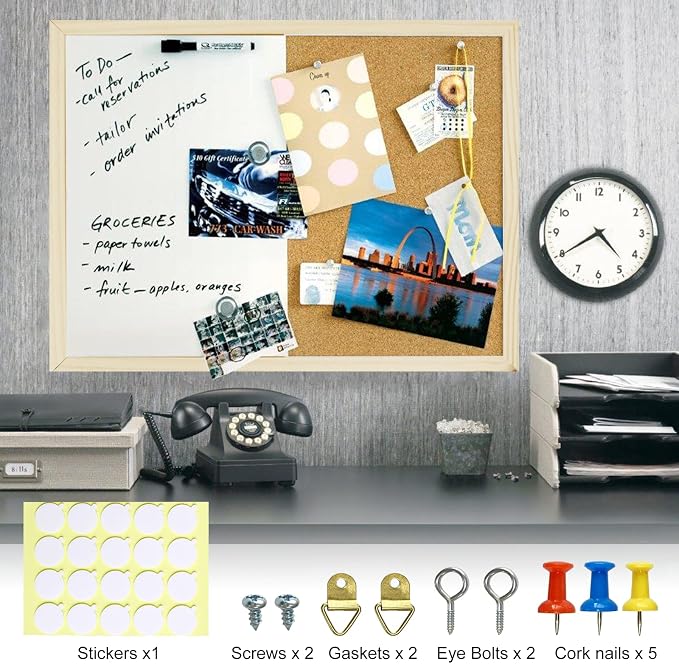 OWLKELA Dry Erase Cork Board, 16.5"x12.6", Wooden Frame | Bulletin Board, with Mounting Hardware, Push Pins included, Ideal for Office, Classroom or Home.