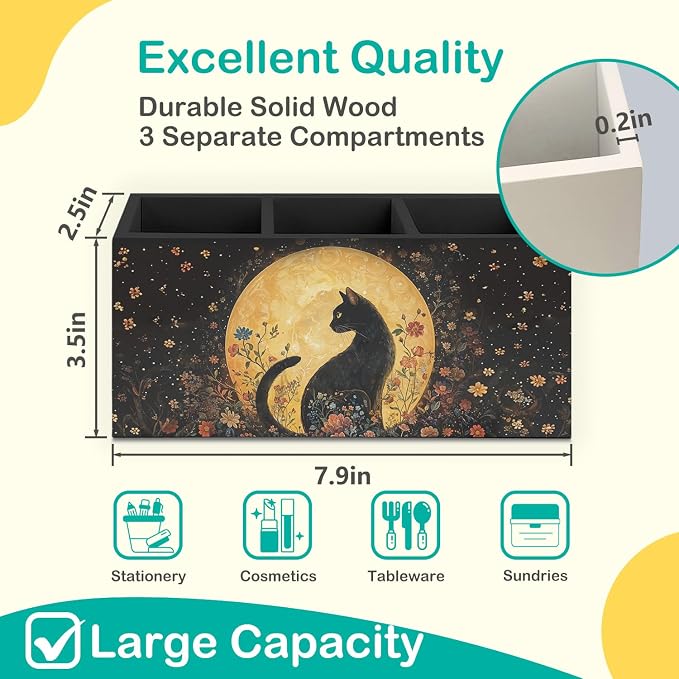 Witchy Black Cat Pen Holder for Home Office Desk, Cat Lover Gifts, Witchy Moonlight Floral Black Cats Makeup Brush Toothbrush Holder Organizer for Bathroom Desk Accessories