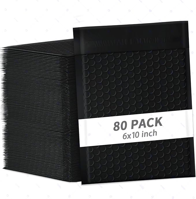 6x10 Inch Black Bubble Mailers 80 Pack Self-Seal Poly Padded Envelopes Suitable for Small Businesses to Package and Mail Jewelry Cosmetics, Electronic Products, Cards (Black, 6x10-80)