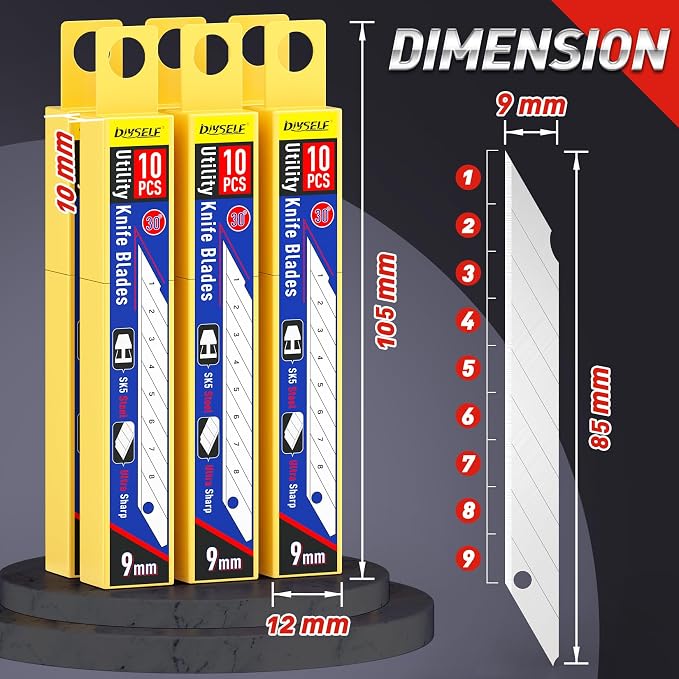 DIYSELF 50 Pack Utility Knife Blades, 9mm Snap Off Blades (30°) | Razor Knife Box Cutter Blades Refills for Detail Cutting, Segmented Edge, Precision Trimming for Paper, Vinyl, Film, Crafts