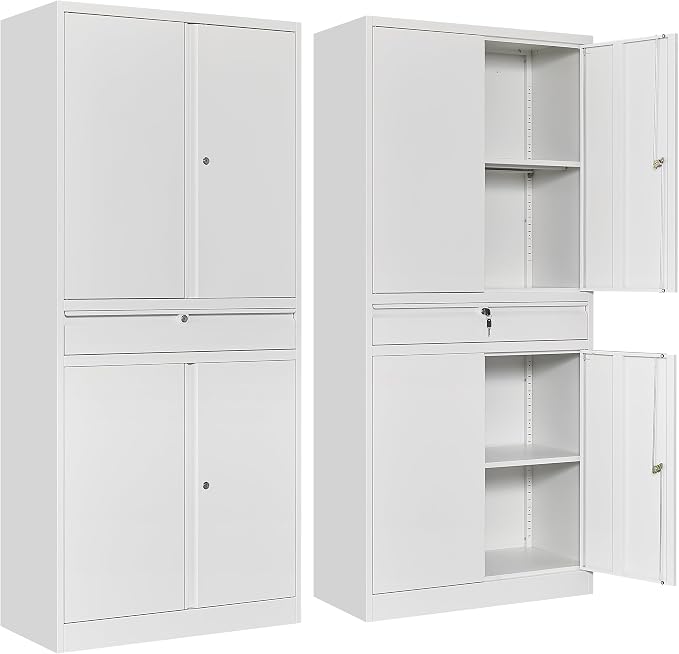 White Metal Storage Cabinet with Drawer and Locks,Garage Storage Cabinet with Locking Doors and Adjustable Shelves,71" Tall Large Metal Cabinets with Magnetic Door for Home,Office,Garage