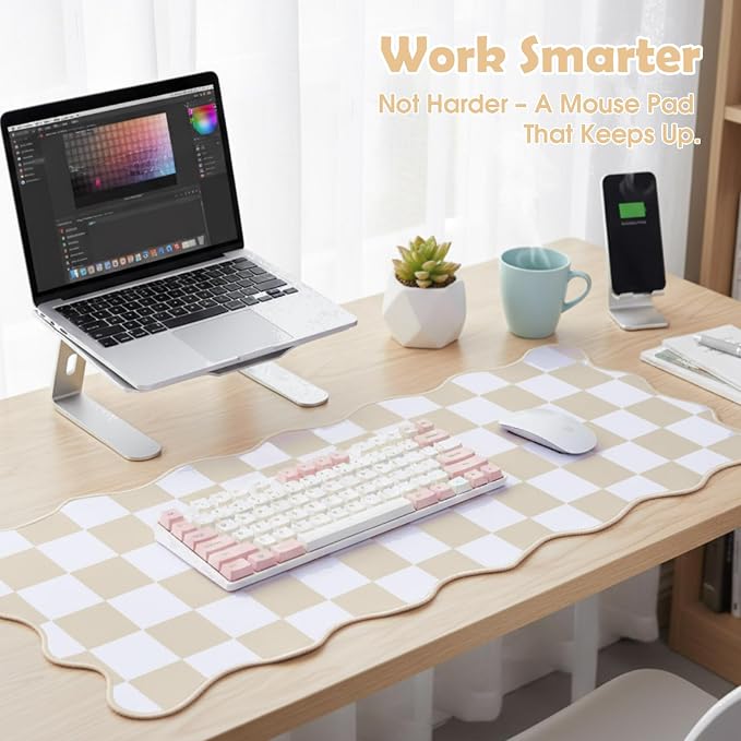 1 Pcs Beige Scalloped Checkered Desk Mat 31.5 x 11.8 Inch Large Cute Mouse Pad Computer Mat Non Slip Waterproof Rubber Base with Border Stitching Soft Keyboard Pad for Home Office Gaming Makeup