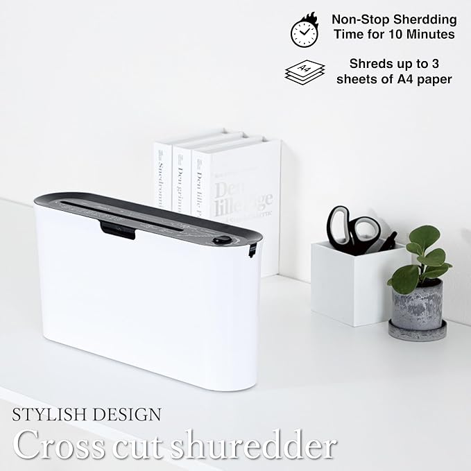 Asmix B08W Paper Shredder for Home use Office, White Compact Design, 2 Sheet Crosscut Paper, 10 Mins Running Time 14.7" × 7.2" × 3.7"