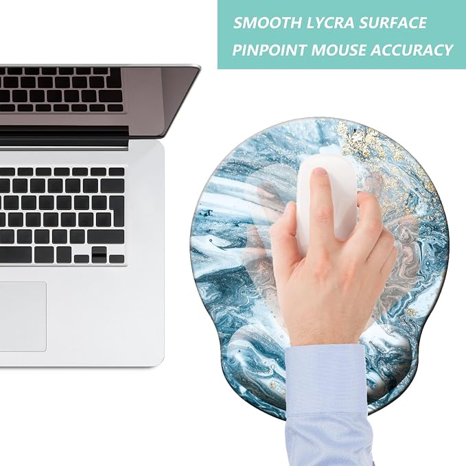 Mouse Pad with Wrist Support, Ergonomic Mouse Pad with Memory Foam Wrist Rest Cushion, Non-Slip Rubber Base Gaming Mice Pad for Home Office Computer Laptop, Blue Marble