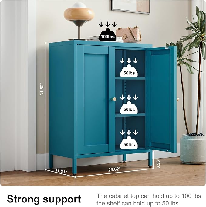 Bevivog Bathroom Floor Storage Cabinet,Metal Storage Sideboard with 2 Doors and 2 Adjustable Shelves,Modern Small Storage Cabinets, Blue Metal Locker for Entryway,Living Room,Hallway