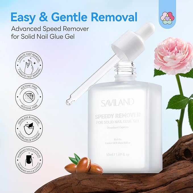 SAVILAND Nail Glue Remover for Press on Nails: 50 ML Solid Gel Glue Remover for Nail Tips, Quick Gentle Removal with Castor Oil VE, Non-Drying Odor-Free Non-Acetone Glue Remover Not for Gel Polish