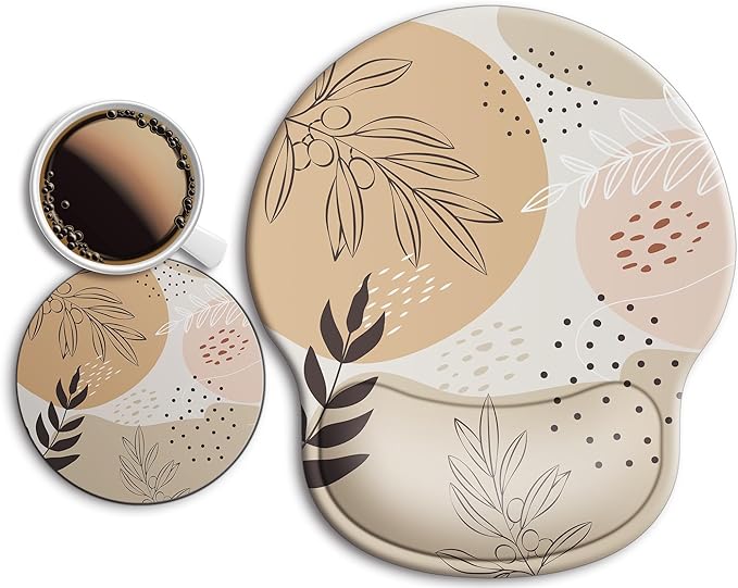 Ergonomic Mouse Pad with Wrist Support Rest,Large Mousepad Gel Wrist Rest, with Coaster Non-Slip & Pain Relief for Computer, Desk, Home&Office-Boho Leaves