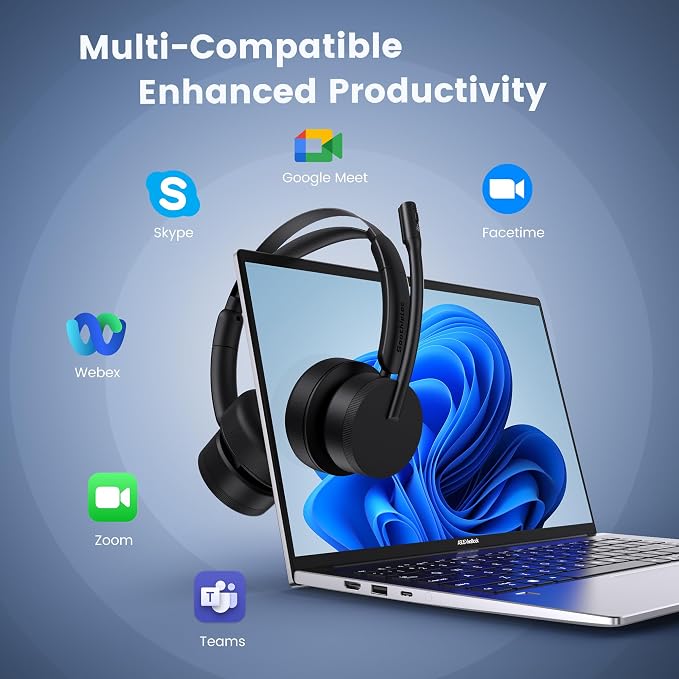 Wireless Headset with Mic for Work, Bluetooth 5.2 with Noise Cancelling | On-Ear Headphones, USB Dongle & Mute Button, Plug-and-Play for PC/Laptop/Phone (Black)