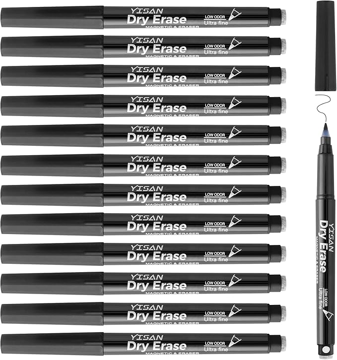 YISAN Black Dry Erase Markers Ultra Fine Tip,0.7mm Extra Fine Point, Whiteboard Markers with Erasers,Low Odor,70573