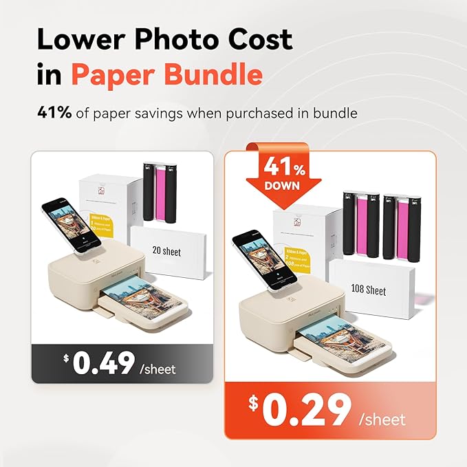 HPRT 4x6 Photo Printer with 108 Sheet Photo Paper& 2 Ribbon, Desktop Instant Picture Printer for iPhone, Smartphone, Thermal Dye Sublimation, WI-Fi Connnecting, Home Use, Beige