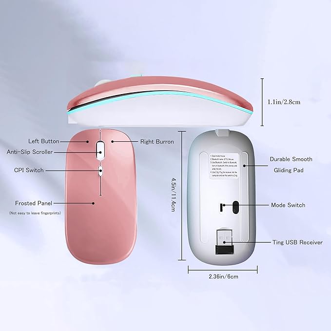 Wireless Bluetooth Mouse Rechargeable Laptop Mice with LED Lights Silent Slim Use(BT5.2 & 2.4G Portable USB) Dual Mode Computer Mouse for Laptop/iPad/Tablet/Apple/Computer/Mac(Rose Gold)