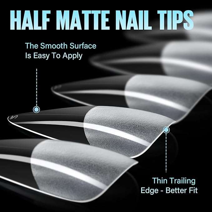 TOMICCA Long Stiletto Nail Tips 504pcs, Soft Acrylic Long Almond Nail Tips Pre Etched Clear Fake Nails Tips Almond Shape Half Matte, Full Cover Nail Extension for Beginner and Professional 12 Sizes