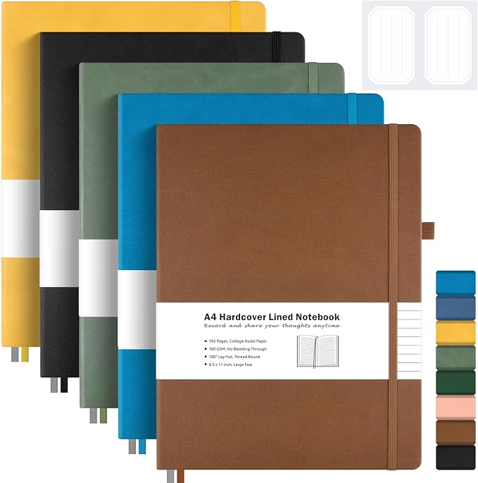 College Ruled Notebook, Large A4 Hardcover Leather Journal for Women Men | 5 Pack Lined Journal Notebook for Work School, No Bleed Thick Paper, Lay Flat, 8.5" x 11", Professional Business Notebook
