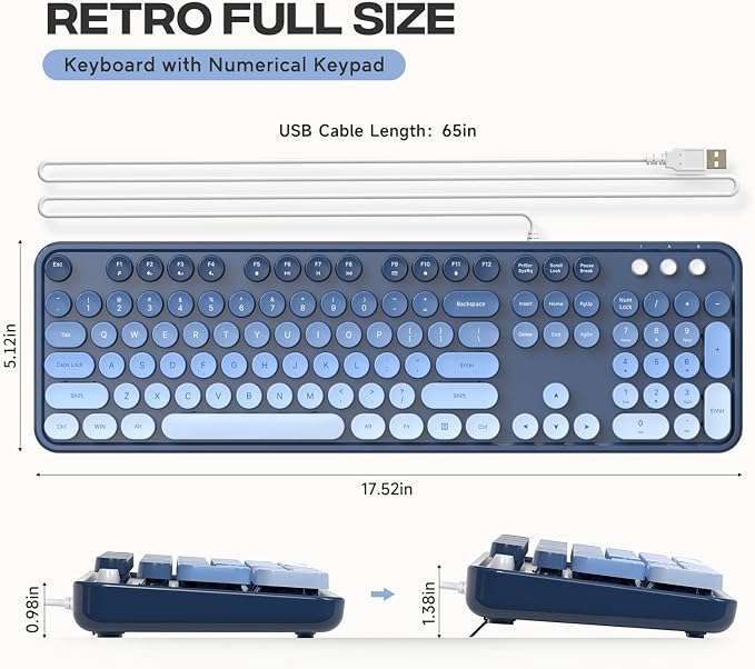 MOWUX Computer Keyboard Wired, Plug and Play USB Retro Round Typewriter Keyboard, Full Size Wired Keyboard with Foldable Stands for Laptop and Office PC- Sea Blue Gradient