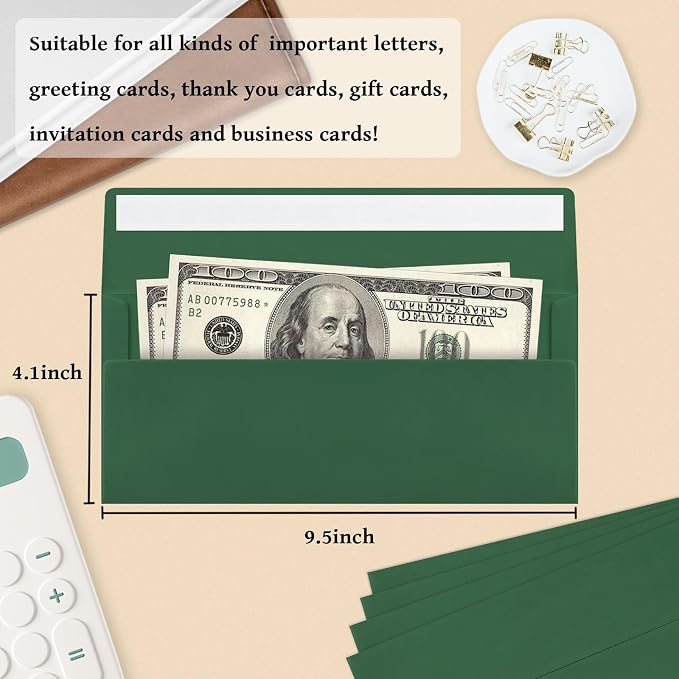 100 Pack Dark Green #10 Business Envelopes, Christmas Standard Envelopes Self Seal, Letter Size Mailing Envelopes for Checks Letters Invoices Birthday Party Graduation Wedding, 4 1/8 x 9 1/2 Inch