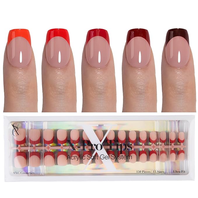 SXC Cosmetics French Tip Press On Nails 150 Pieces in 15 Sizes Ultra Fit with Pre-applied Tip Primer and Base Coat, No Need to File Fake Nails for Nail Art DIY X-Pro Tips (5RED113-XS Square)